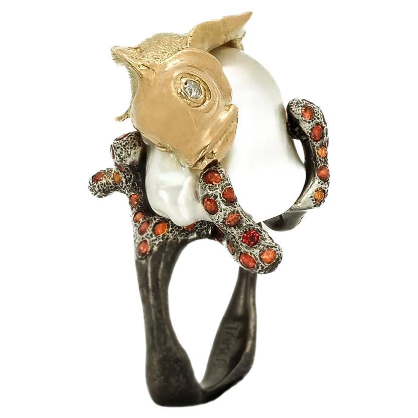 Taru Jewelry Coral Fish Pearl Sapphire Diamond Yellow Gold and Silver Ring For Sale