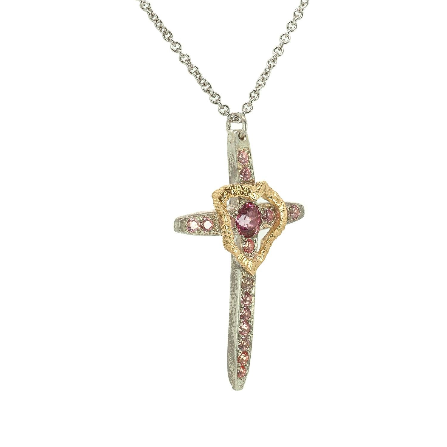 Contemporary Taru Jewelry Cross and Heart Pink Topaz Yellow Gold Silver Necklace For Sale