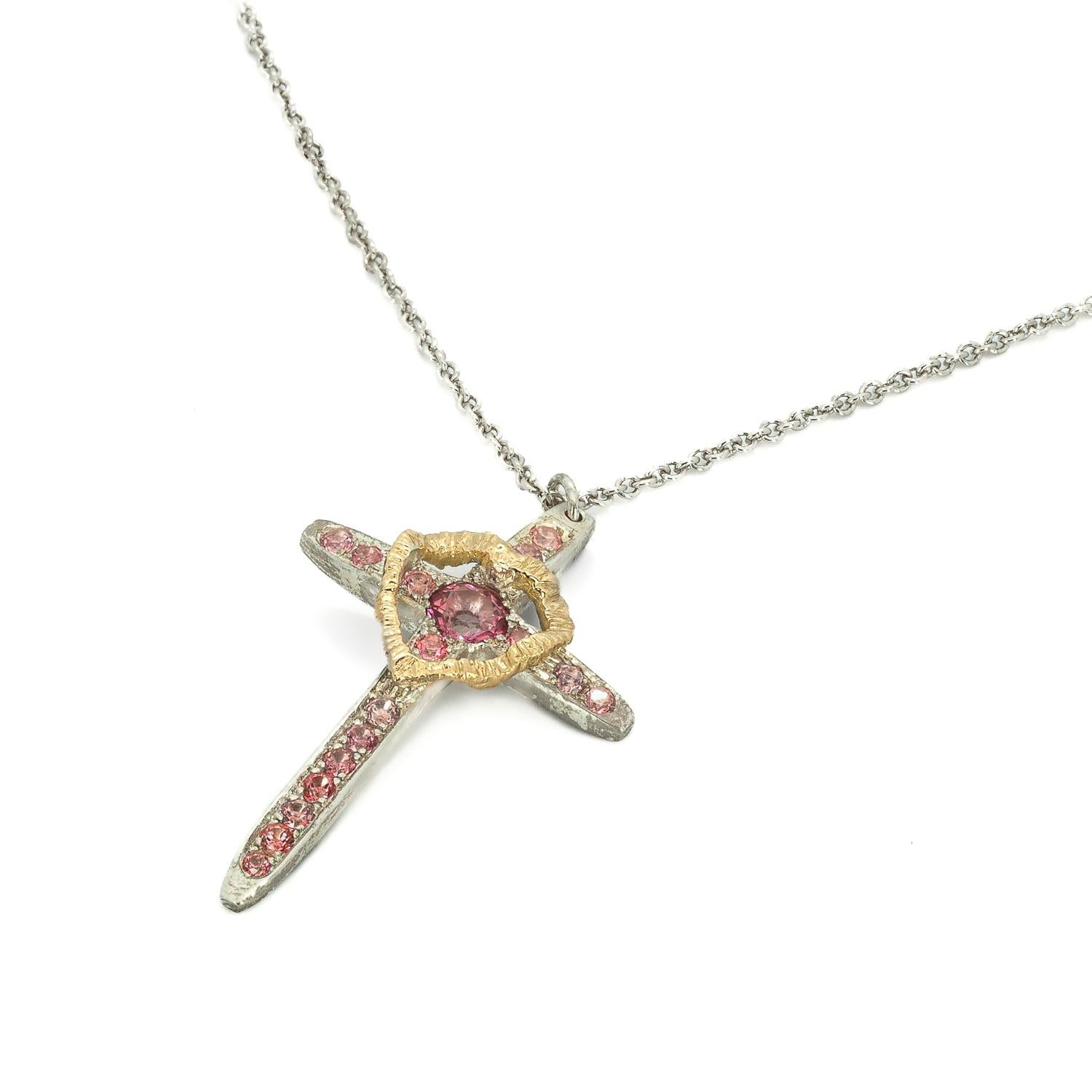 Taru Jewelry Cross and Heart Pink Topaz Yellow Gold Silver Necklace In New Condition For Sale In Boca Raton, FL