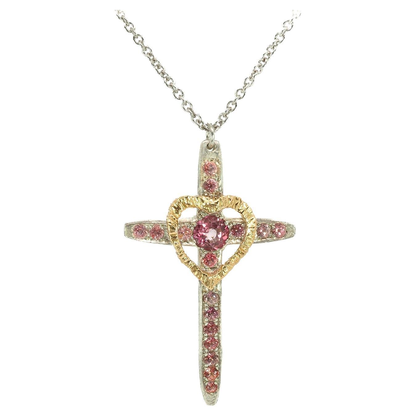 Taru Jewelry Cross and Heart Pink Topaz Yellow Gold Silver Necklace