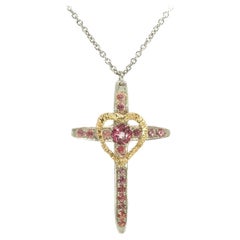 Taru Jewelry Cross and Heart Pink Topaz Yellow Gold Silver Necklace