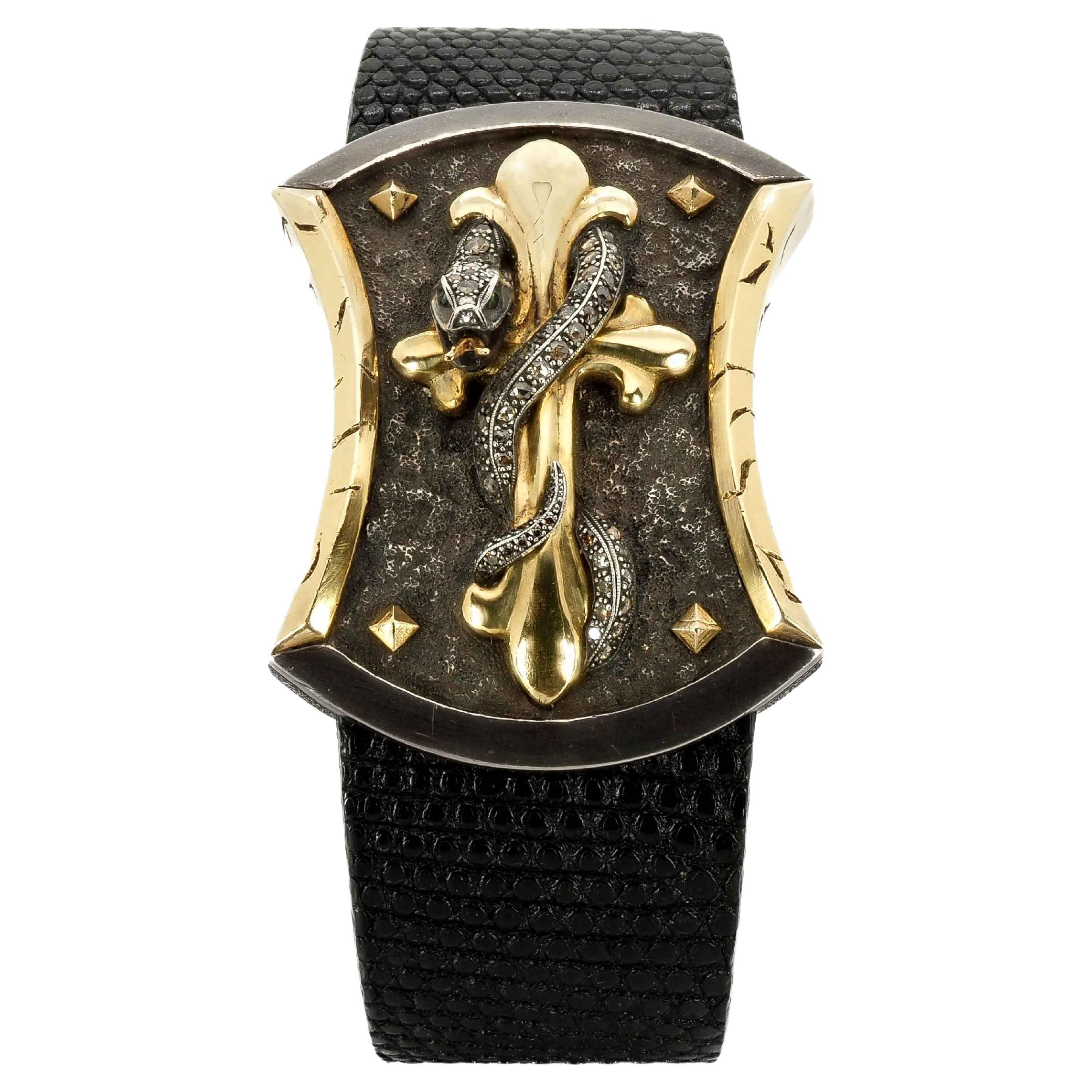 Taru Jewelry Bracelet en or jaune et argent avec croix et serpent en diamants