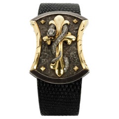 Taru Jewelry Cross and Serpent Diamond Yellow Gold Silver Leather Bracelet
