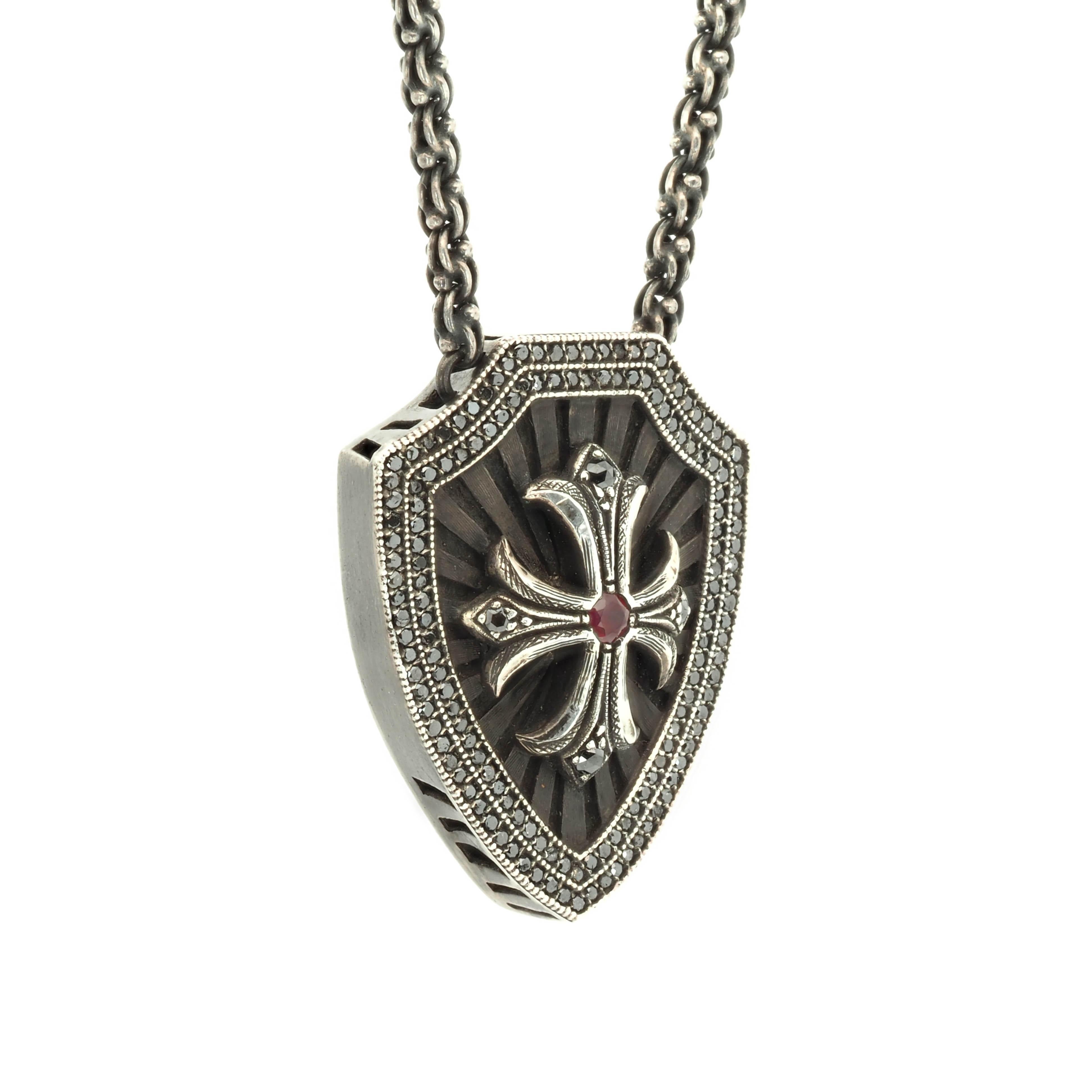 Contemporary Taru Jewelry Cross and Shield Diamond Silver Necklace For Sale