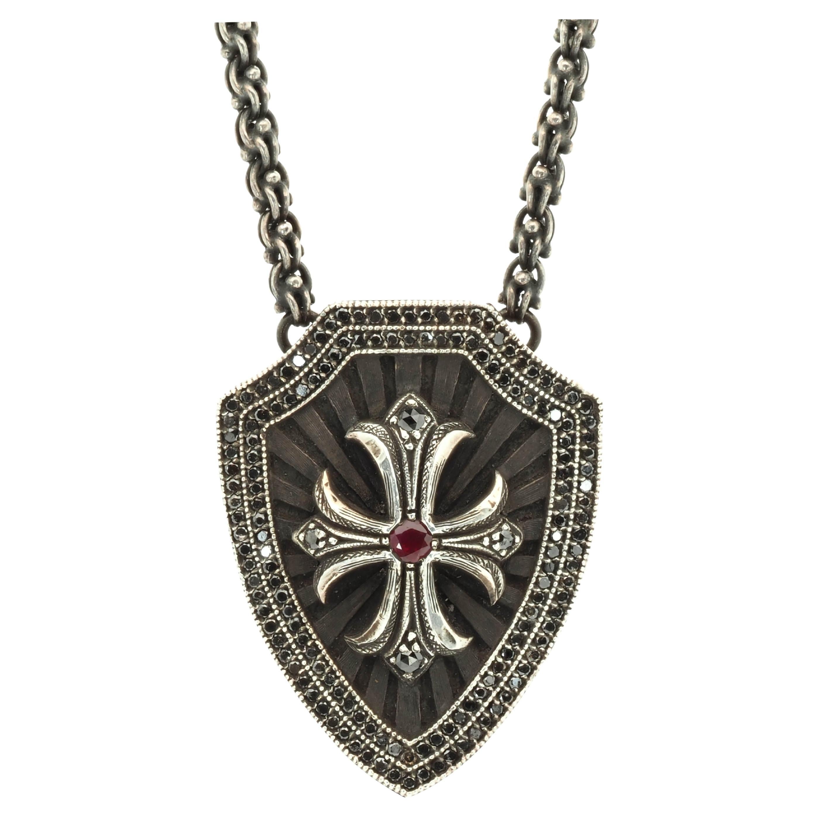 Taru Jewelry Cross and Shield Diamond Silver Necklace For Sale