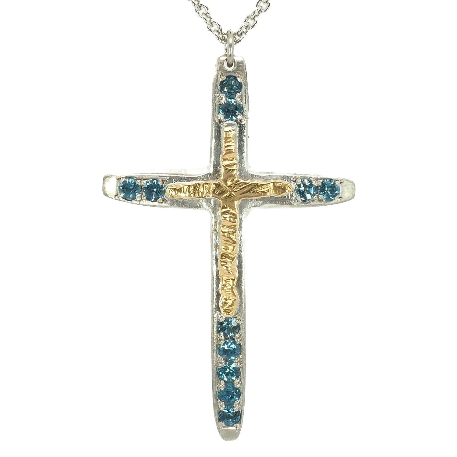 Contemporary Taru Jewelry Cross Blue Topaz Yellow Gold Silver Necklace For Sale