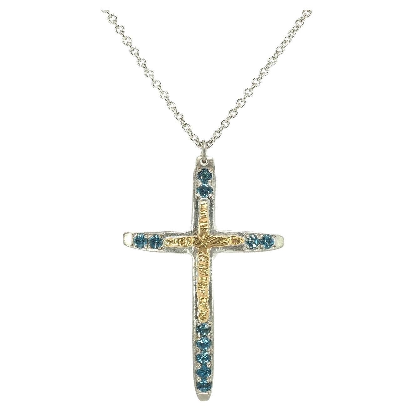 Taru Jewelry Cross Blue Topaz Yellow Gold Silver Necklace For Sale
