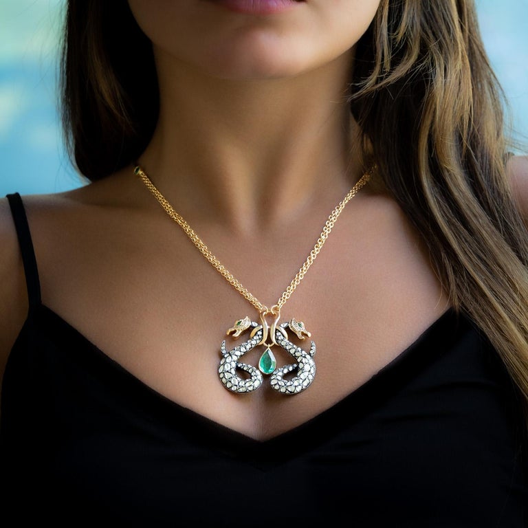 Taru Jewelry Dragon Emerald Diamond Rose Gold and Silver Necklace For Sale at 1stDibs