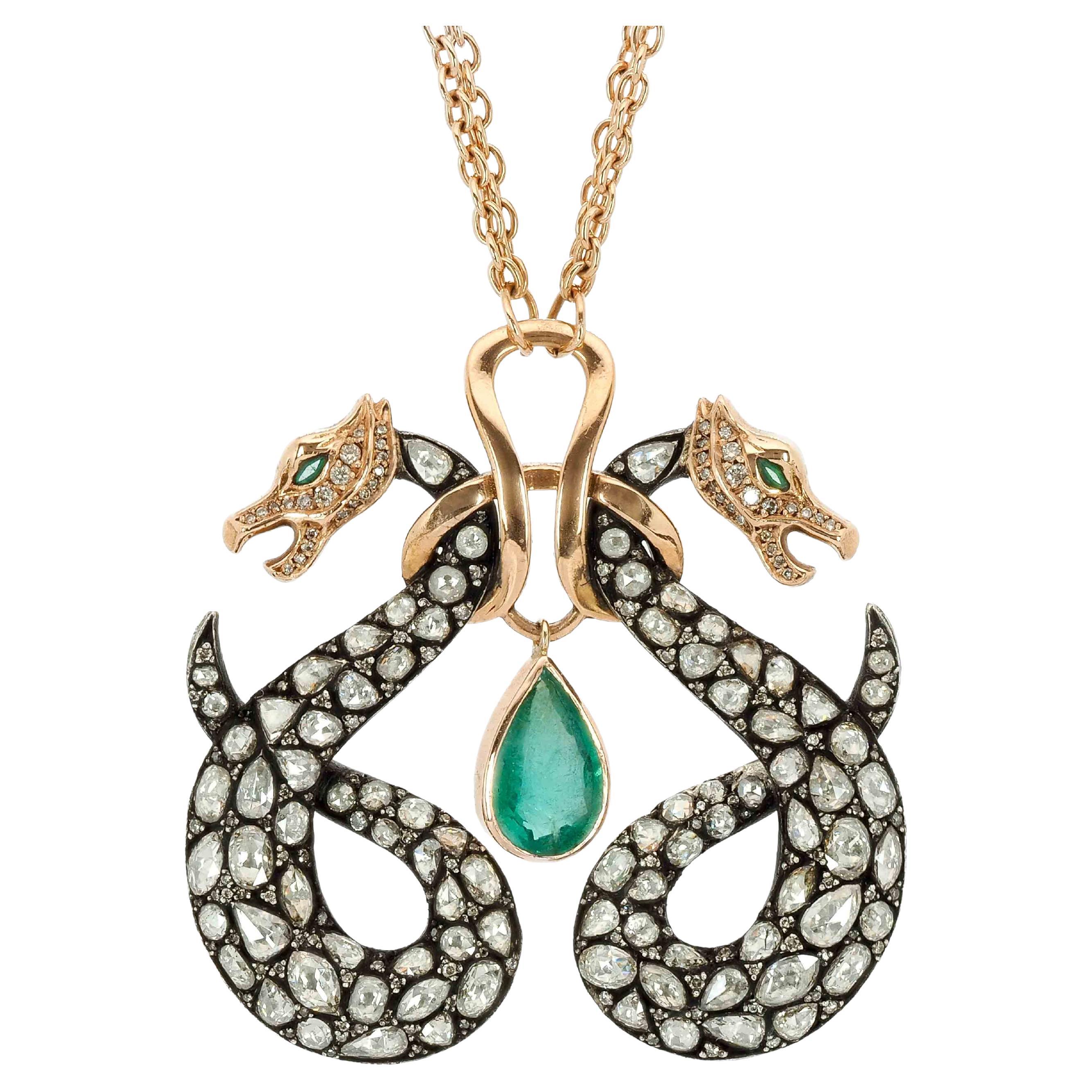 Taru Jewelry Dragon Emerald Diamond Rose Gold and Silver Necklace