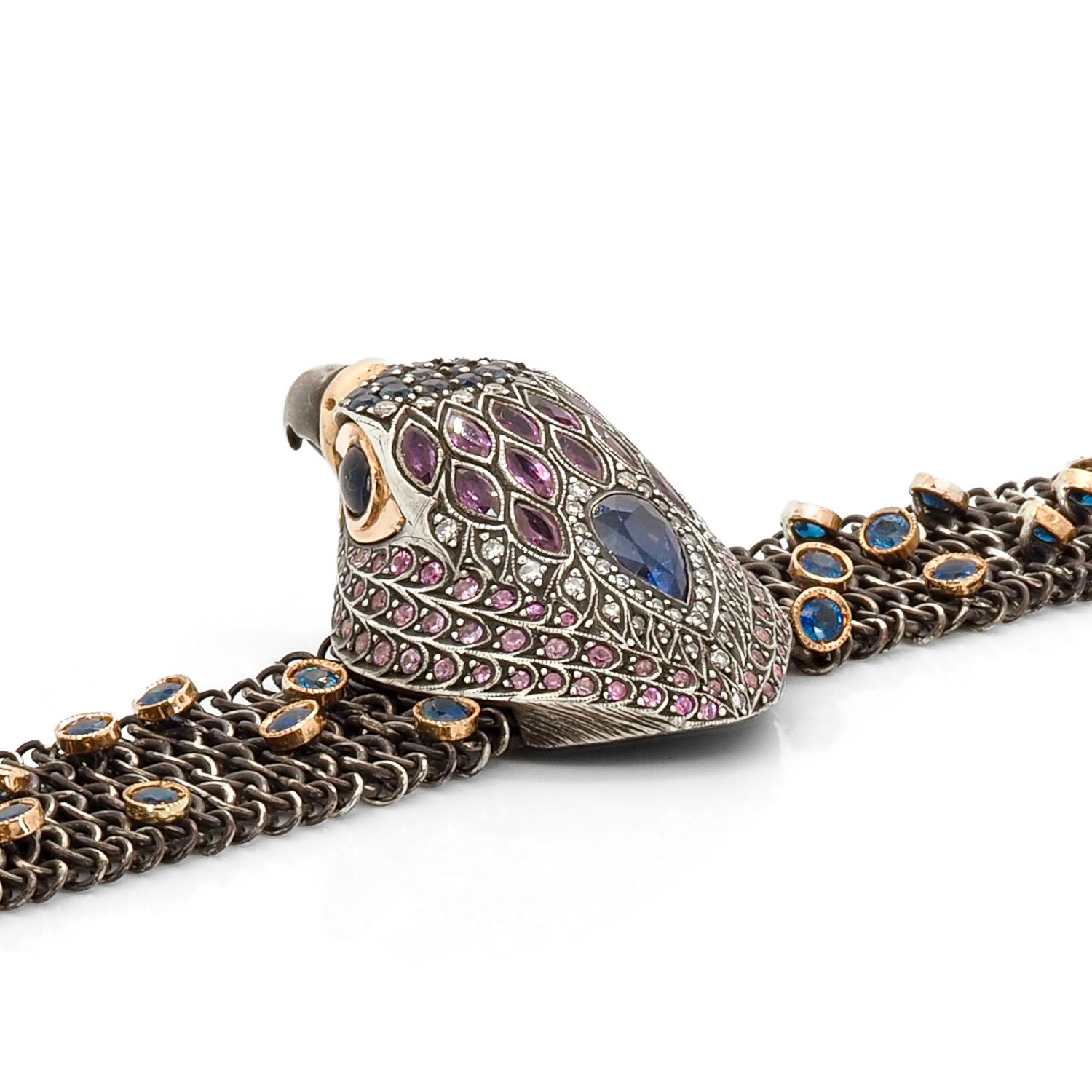 Contemporary Taru Jewelry Falcon Sapphire Rose Gold and Silver Bracelet For Sale