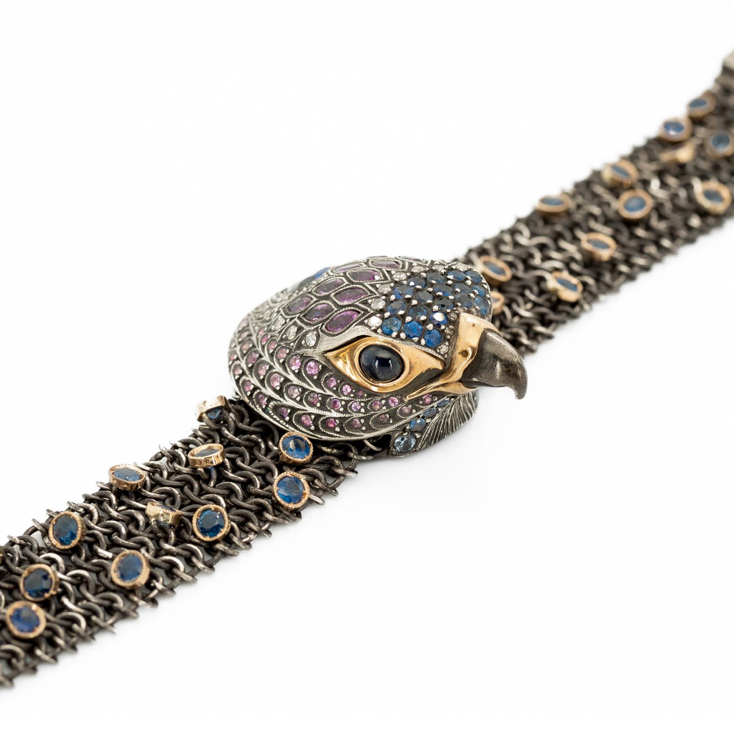 Taru Jewelry Falcon Sapphire Rose Gold and Silver Bracelet In New Condition For Sale In Boca Raton, FL
