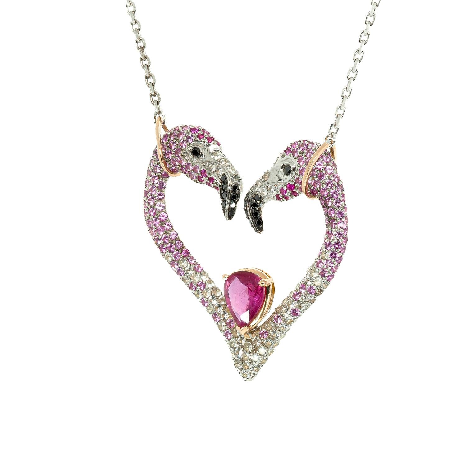 Contemporary Taru Jewelry Flamingo Sapphire Ruby Diamond Rose Gold and Silver Heart Necklace