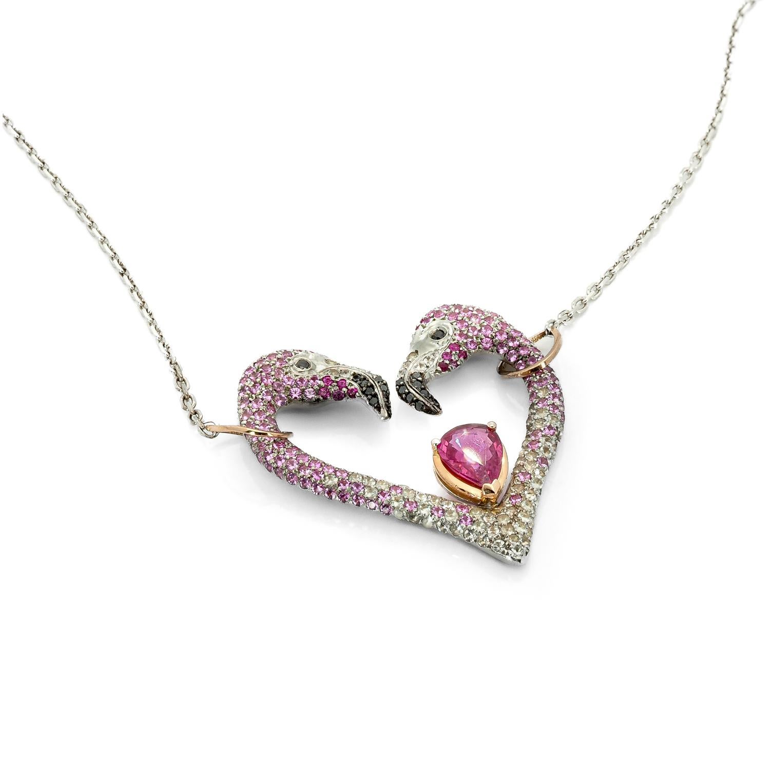 Pear Cut Taru Jewelry Flamingo Sapphire Ruby Diamond Rose Gold and Silver Heart Necklace