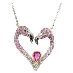Taru Jewelry Flamingo Sapphire Ruby Diamond Rose Gold and Silver Heart Necklace