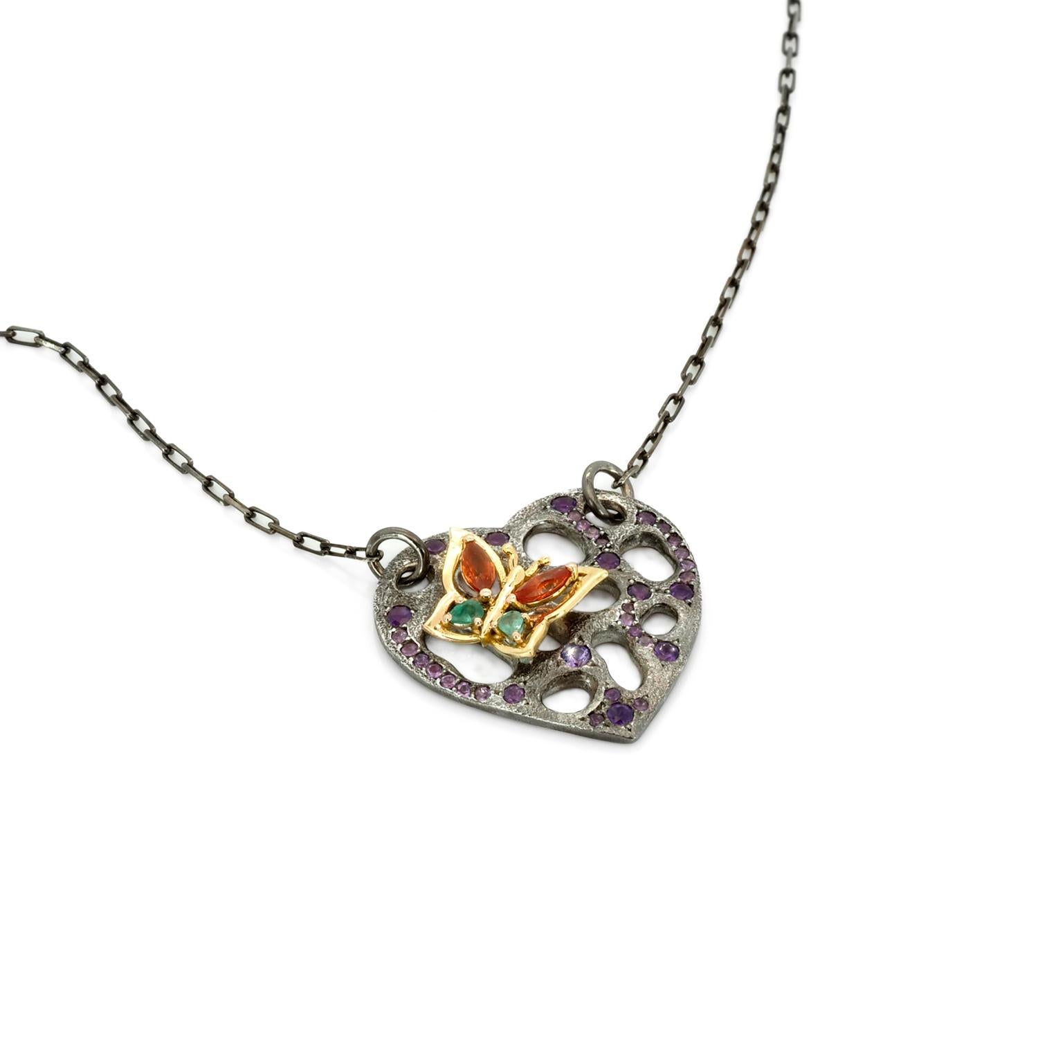 Round Cut Taru Jewelry Heart and Butterfly Sapphire Amethyst Rose Gold Silver Necklace For Sale
