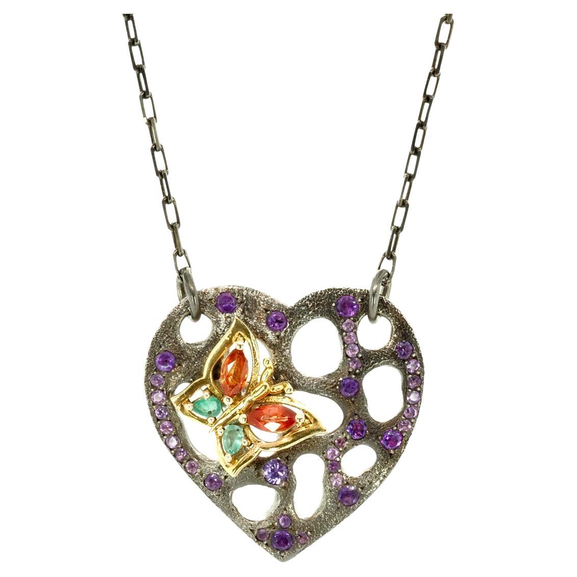Taru Jewelry Heart and Butterfly Sapphire Amethyst Rose Gold Silver Necklace