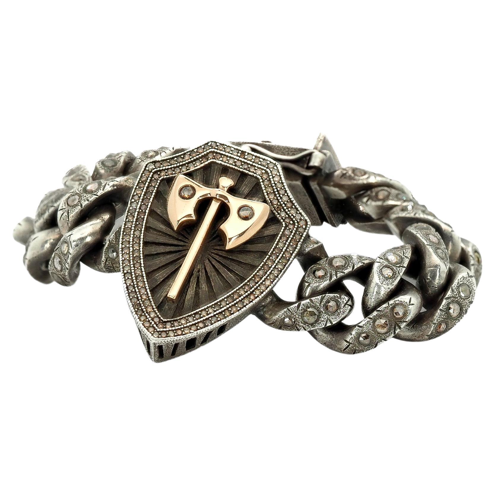 Taru Jewelry Labrys and Shield Diamond Gold Silver Curb Bracelet For Sale