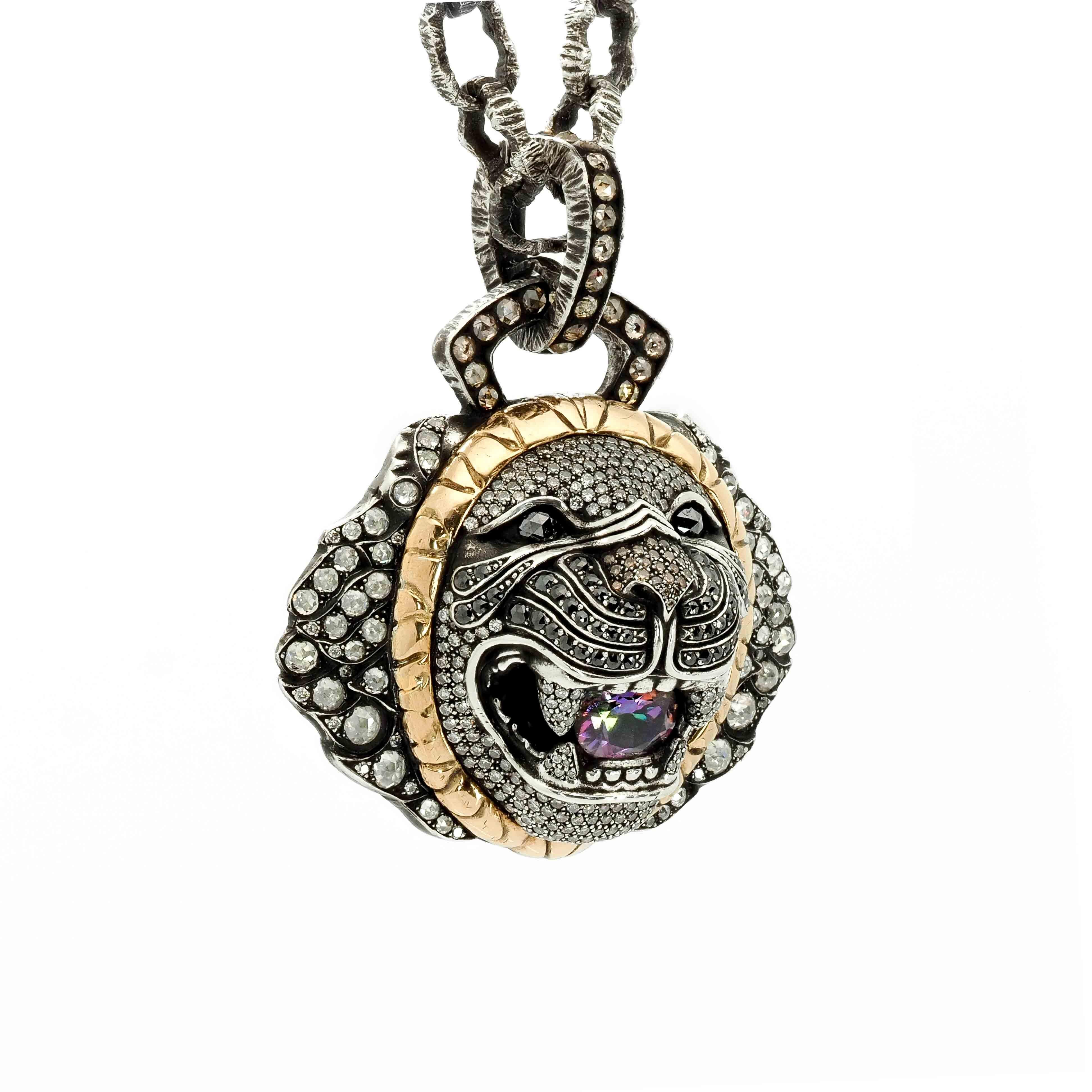 Contemporary Taru Jewelry Lion Diamond Sapphire Yellow Gold and Silver Necklace For Sale