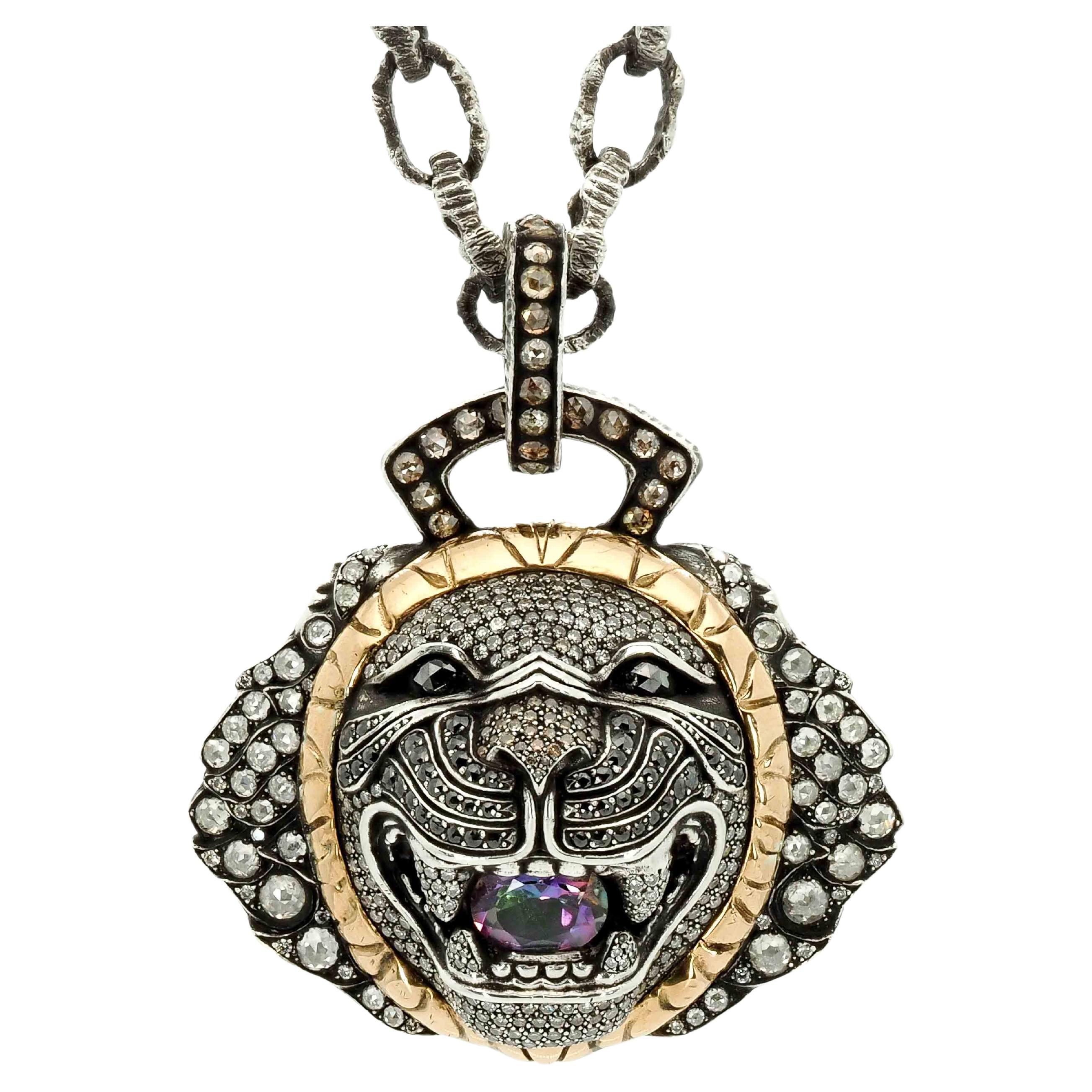 Taru Jewelry Lion Diamond Sapphire Yellow Gold and Silver Necklace For Sale