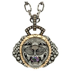 Taru Jewelry Lion Diamond Sapphire Yellow Gold and Silver Necklace