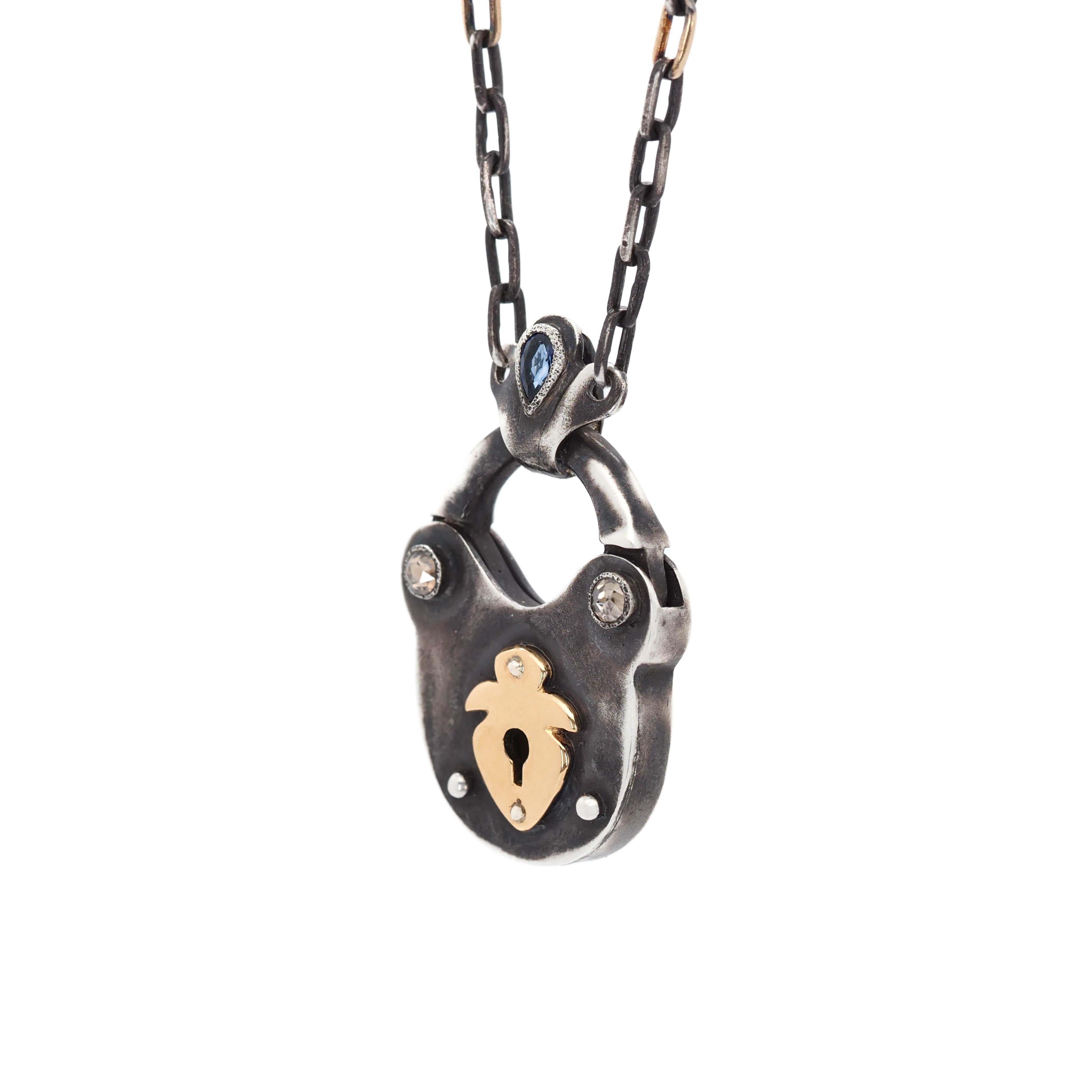 Contemporary Taru Jewelry Lock Pendant Diamond Sapphire Silver Gold Necklace For Sale