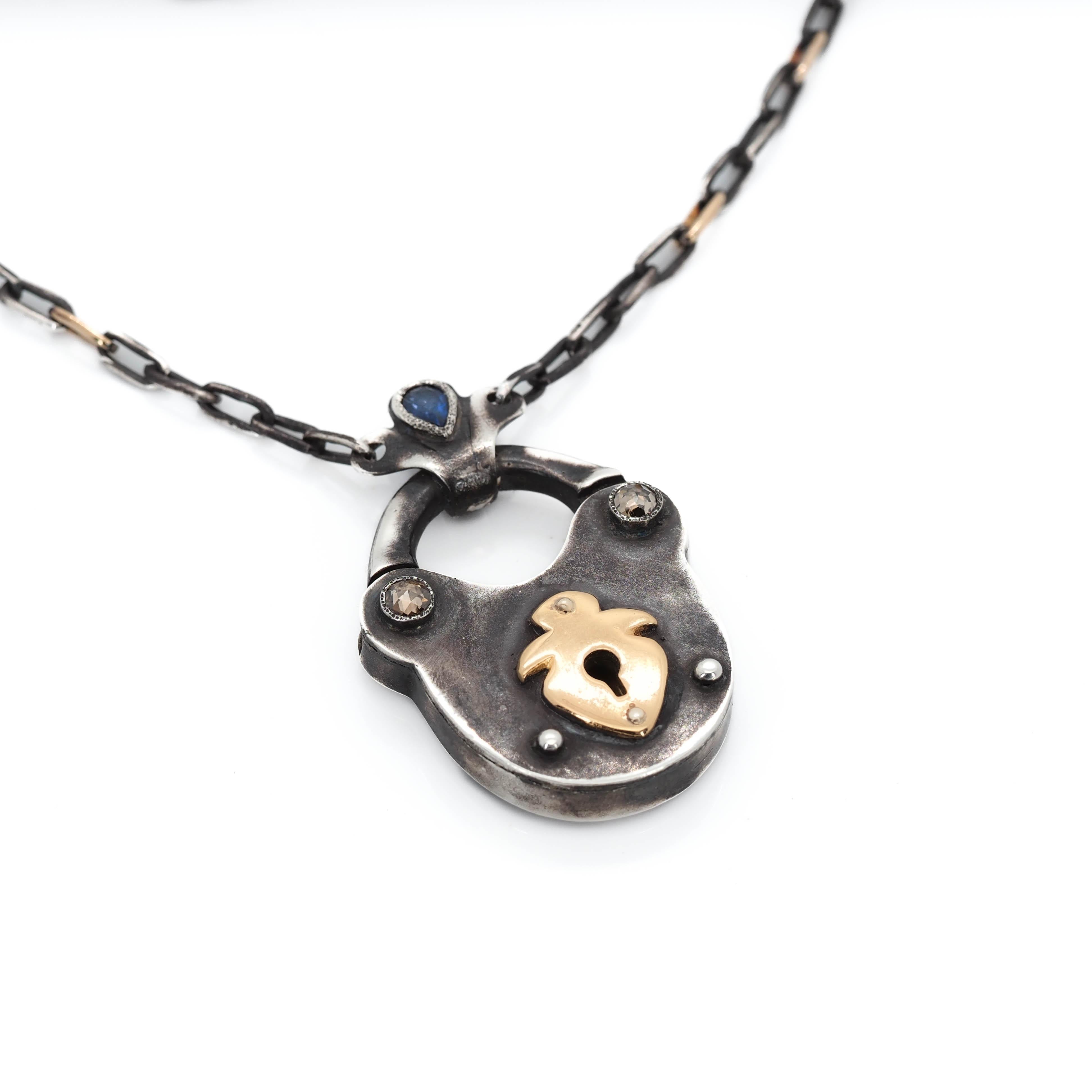 Rose Cut Taru Jewelry Lock Pendant Diamond Sapphire Silver Gold Necklace For Sale