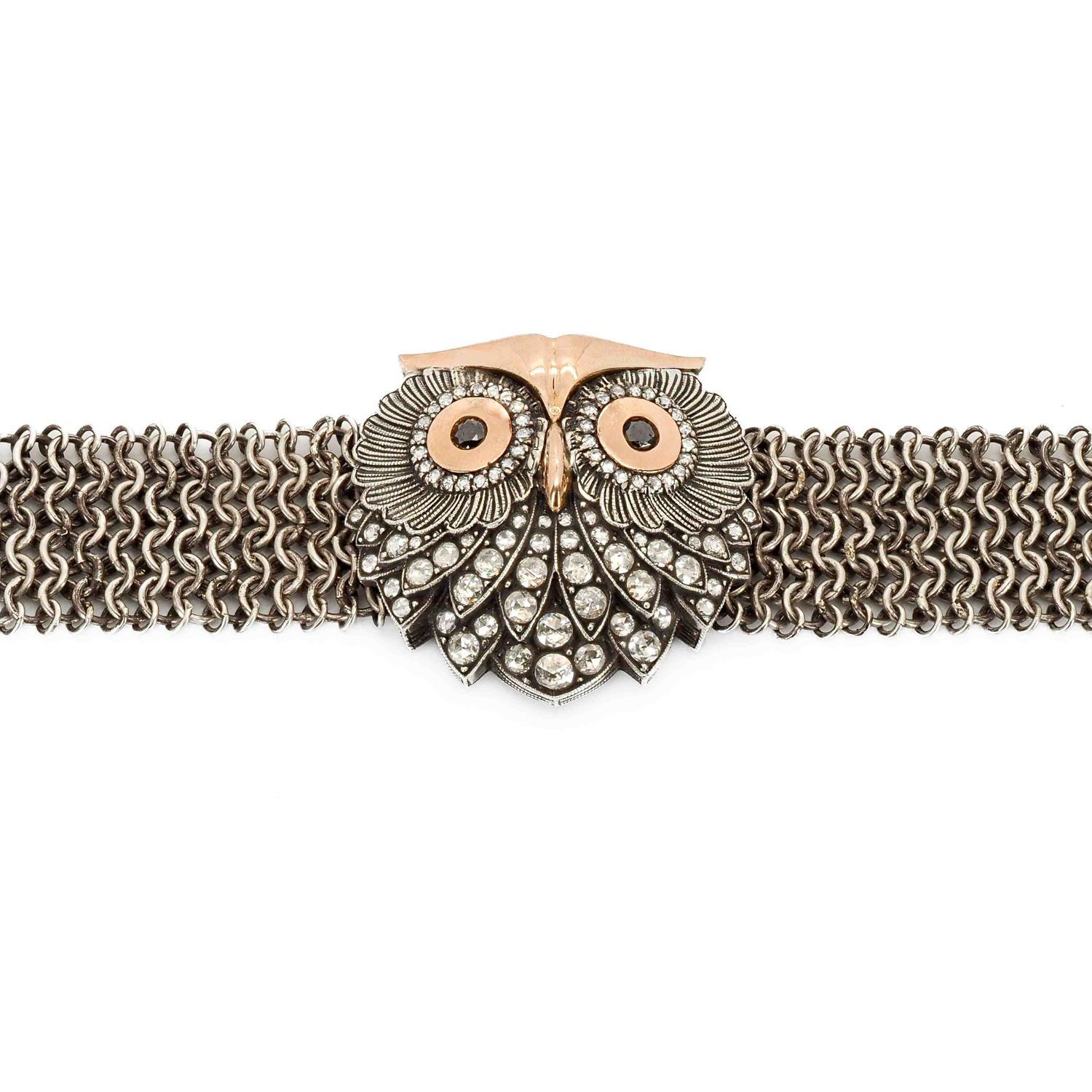 Taru Jewelry Eule Diamant-Armband aus Roségold und Silber (Rosenschliff) im Angebot