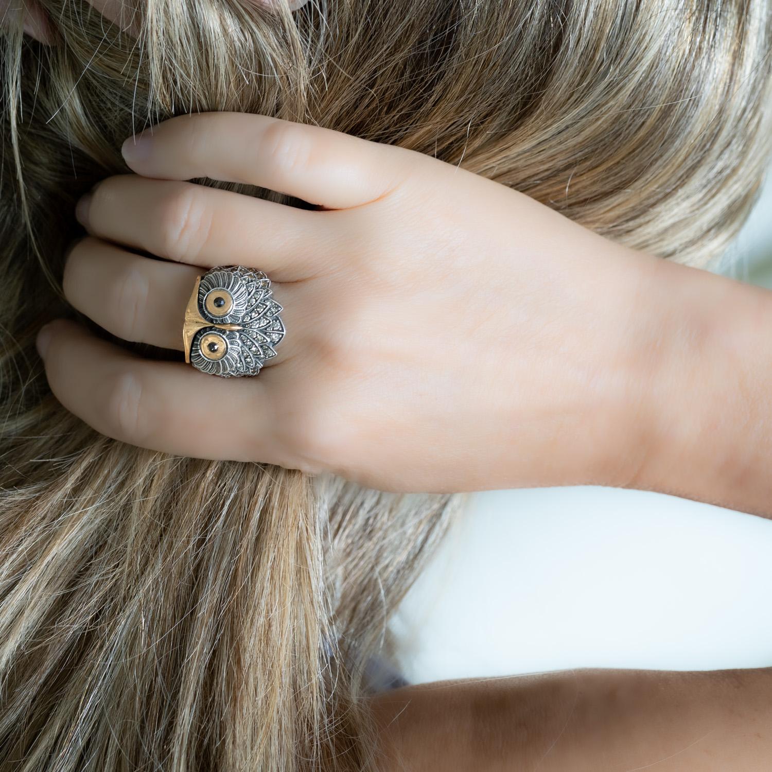 The charming Owl ring is crafted from 18K gold and sterling silver, featuring a striking design that captures the essence of the wise and mysterious bird. A symbol of wisdom, the owl is known for its ability to see and hear what others may miss.