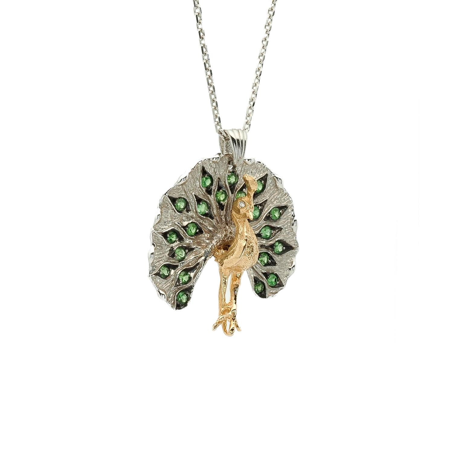 Contemporary Taru Jewelry Peacock Tsavorite Gold and Silver Necklace For Sale