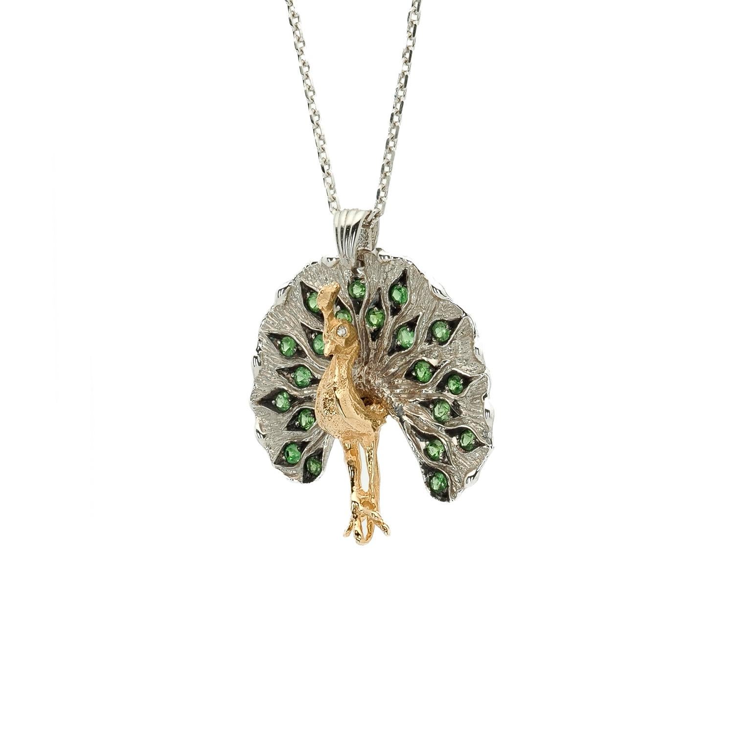 Round Cut Taru Jewelry Peacock Tsavorite Gold and Silver Necklace For Sale