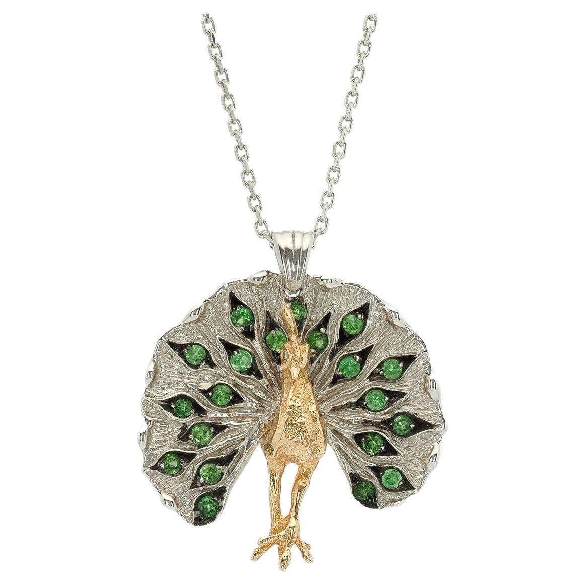 Taru Jewelry Peacock Tsavorite Gold and Silver Necklace For Sale