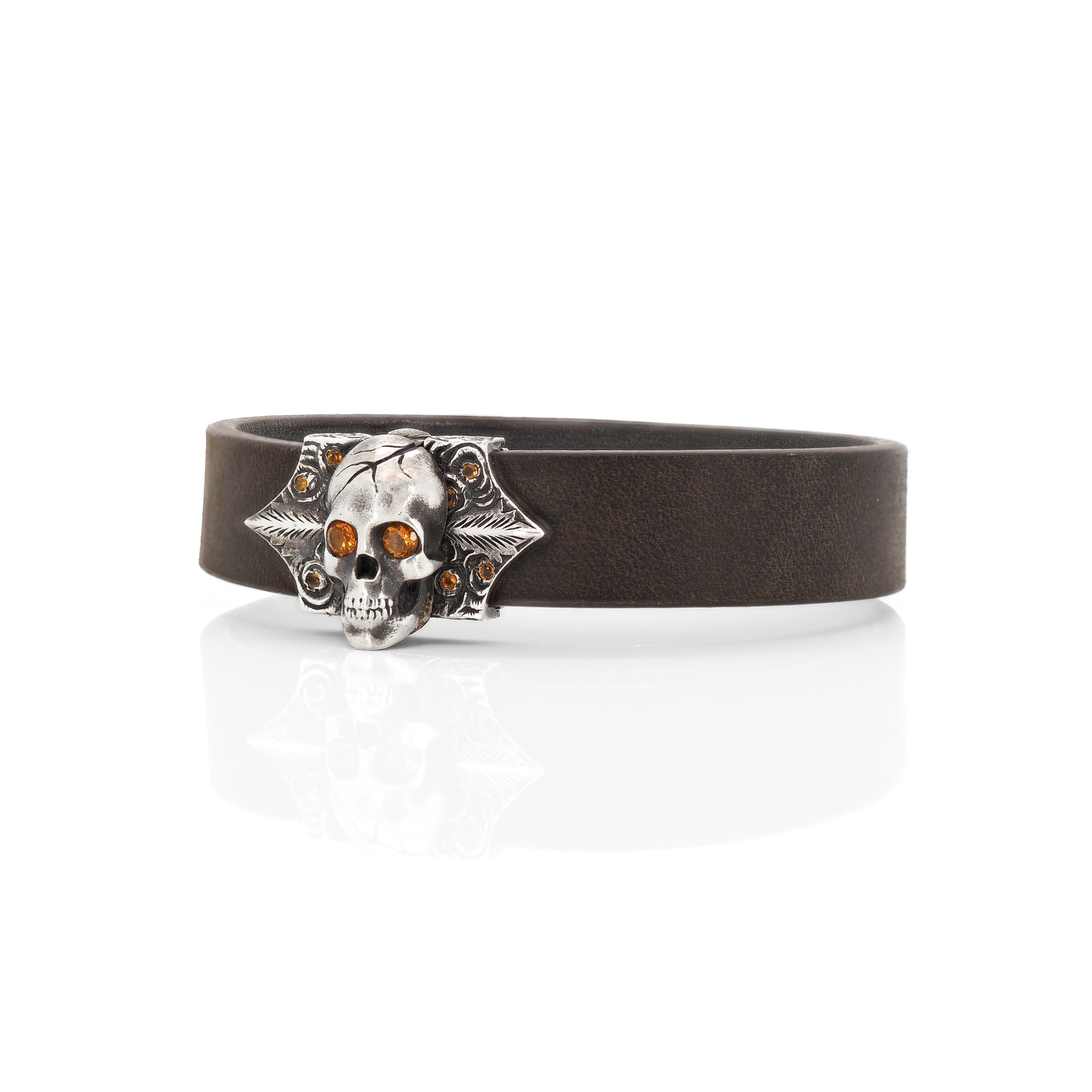 Contemporary Taru Jewelry Skull and Roses Citrine Silver Leather Bracelet For Sale