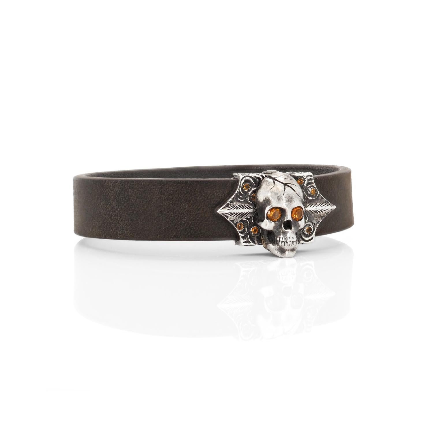 Round Cut Taru Jewelry Skull and Roses Citrine Silver Leather Bracelet For Sale