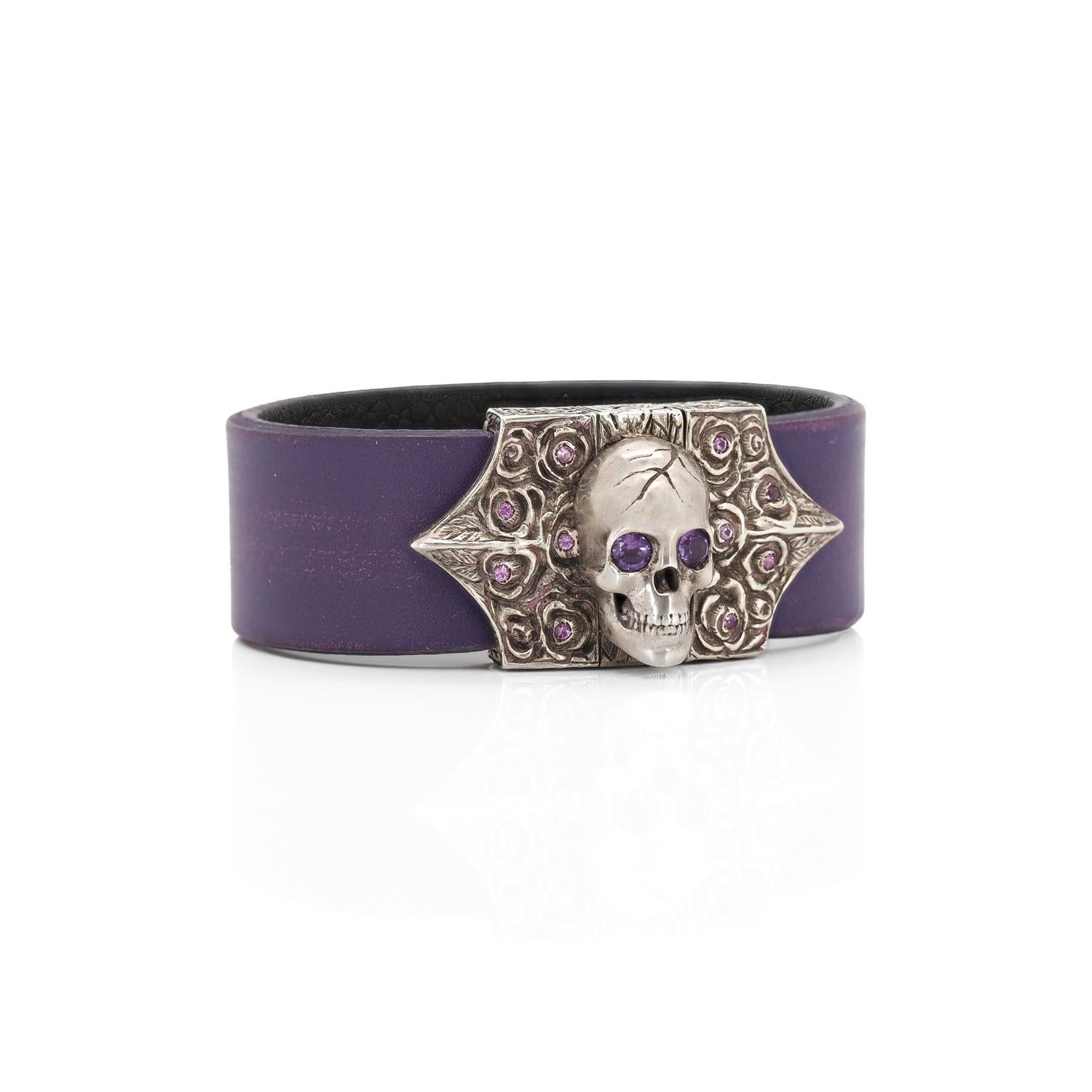 Round Cut Taru Jewelry Skull and Roses Sapphire Amethyst Silver Leather Bracelet For Sale