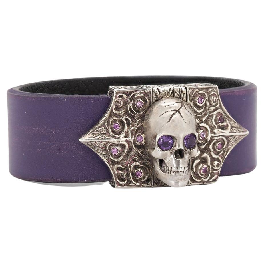 Taru Jewelry Skull and Roses Sapphire Amethyst Silver Leather Bracelet For Sale