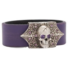 Taru Jewelry Skull and Roses Sapphire Amethyst Silver Leather Bracelet