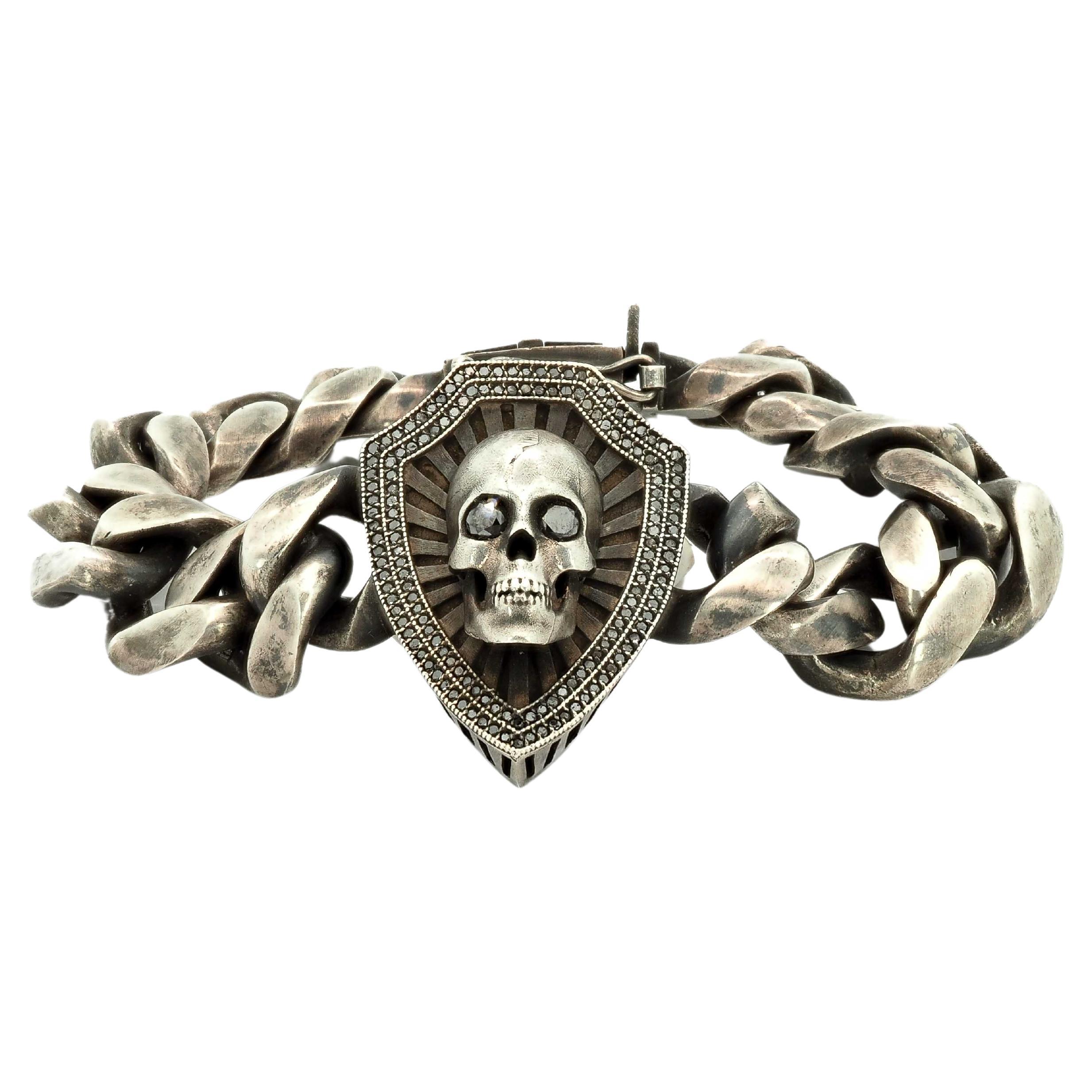 Taru Jewelry Skull and Shield Diamond Silver Curb Bracelet For Sale