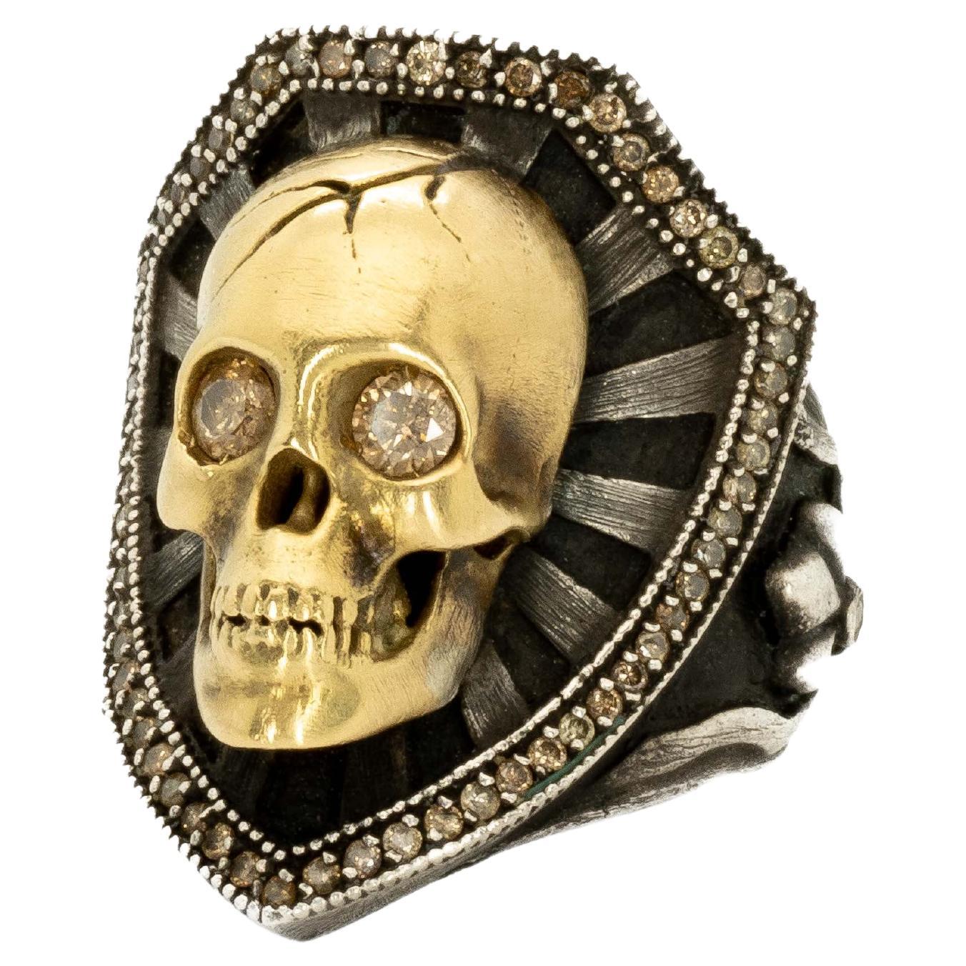 Taru Jewelry Skull and Shield Diamond Yellow Gold Silver Ring For Sale