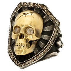 Taru Jewelry Skull and Shield Diamond Yellow Gold Silver Ring