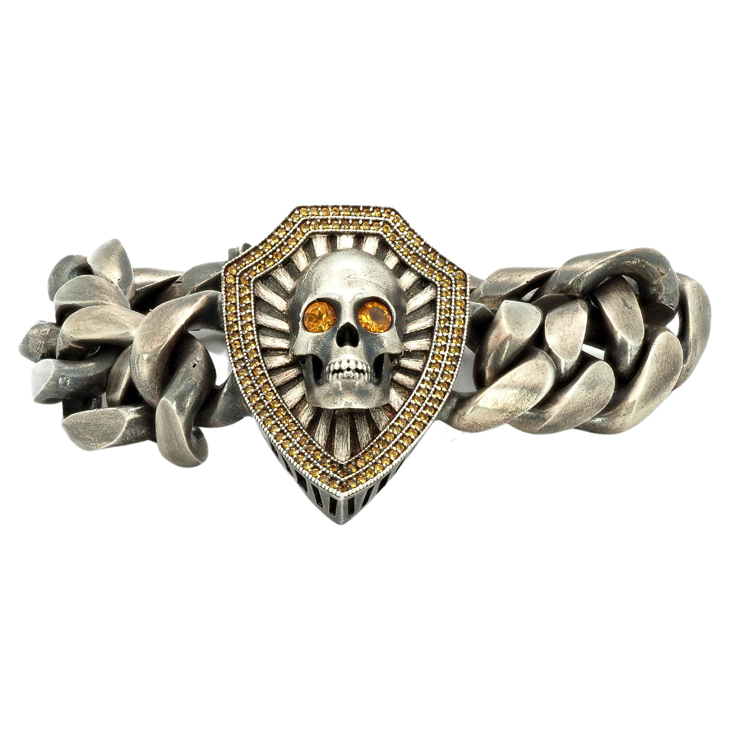Taru Jewelry Skull and Shield Sapphire Silver Curb Bracelet