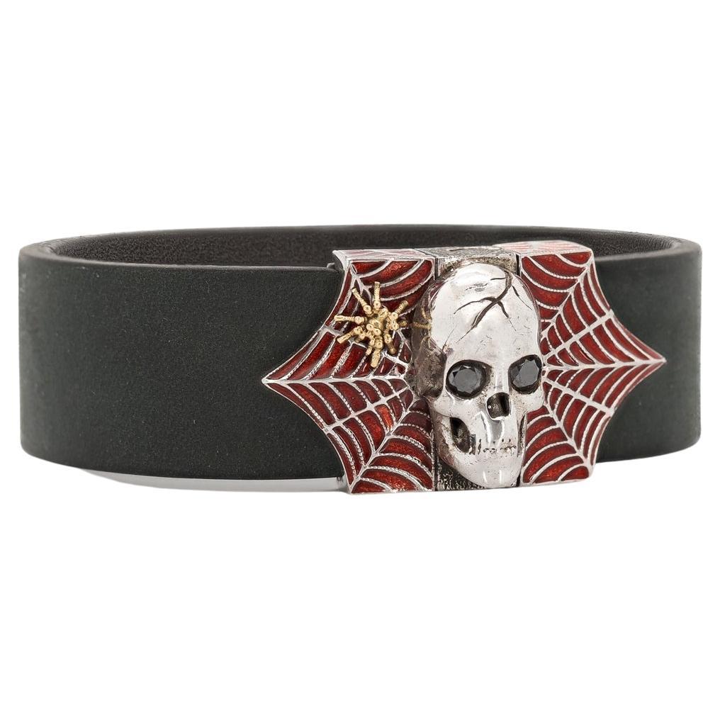 Taru Jewelry Bracelet crâne et toile d'araignée en diamant noir, argent, or et émail rouge en vente
