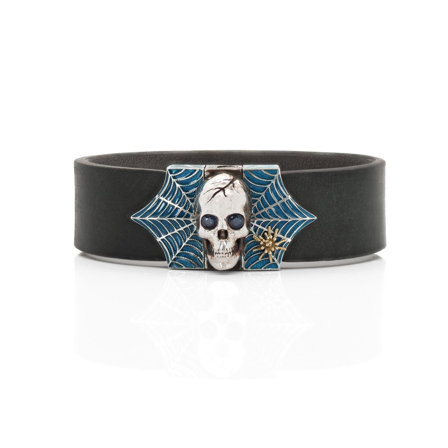 Contemporary Taru Jewelry Skull and Spider Web Blue Sapphire Silver Gold Blue Enamel Bracelet For Sale