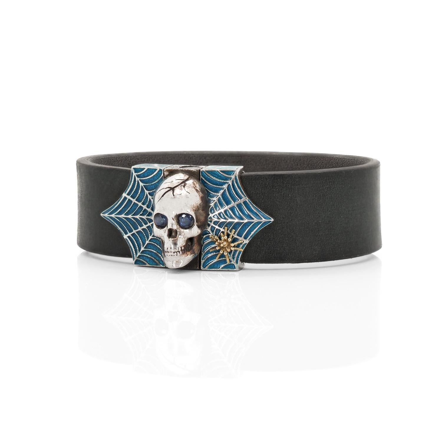 Round Cut Taru Jewelry Skull and Spider Web Blue Sapphire Silver Gold Blue Enamel Bracelet For Sale