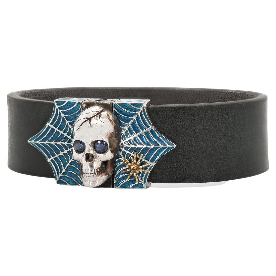 Taru Jewelry Skull and Spider Web Blue Sapphire Silver Gold Blue Enamel Bracelet For Sale