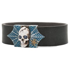 Taru Jewelry Skull and Spider Web Blue Sapphire Silver Gold Blue Enamel Bracelet