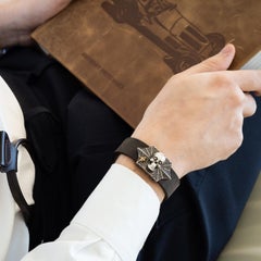 Taru Jewelry Skull and Spider Web Brown Diamond Silver Gold Leather Bracelet