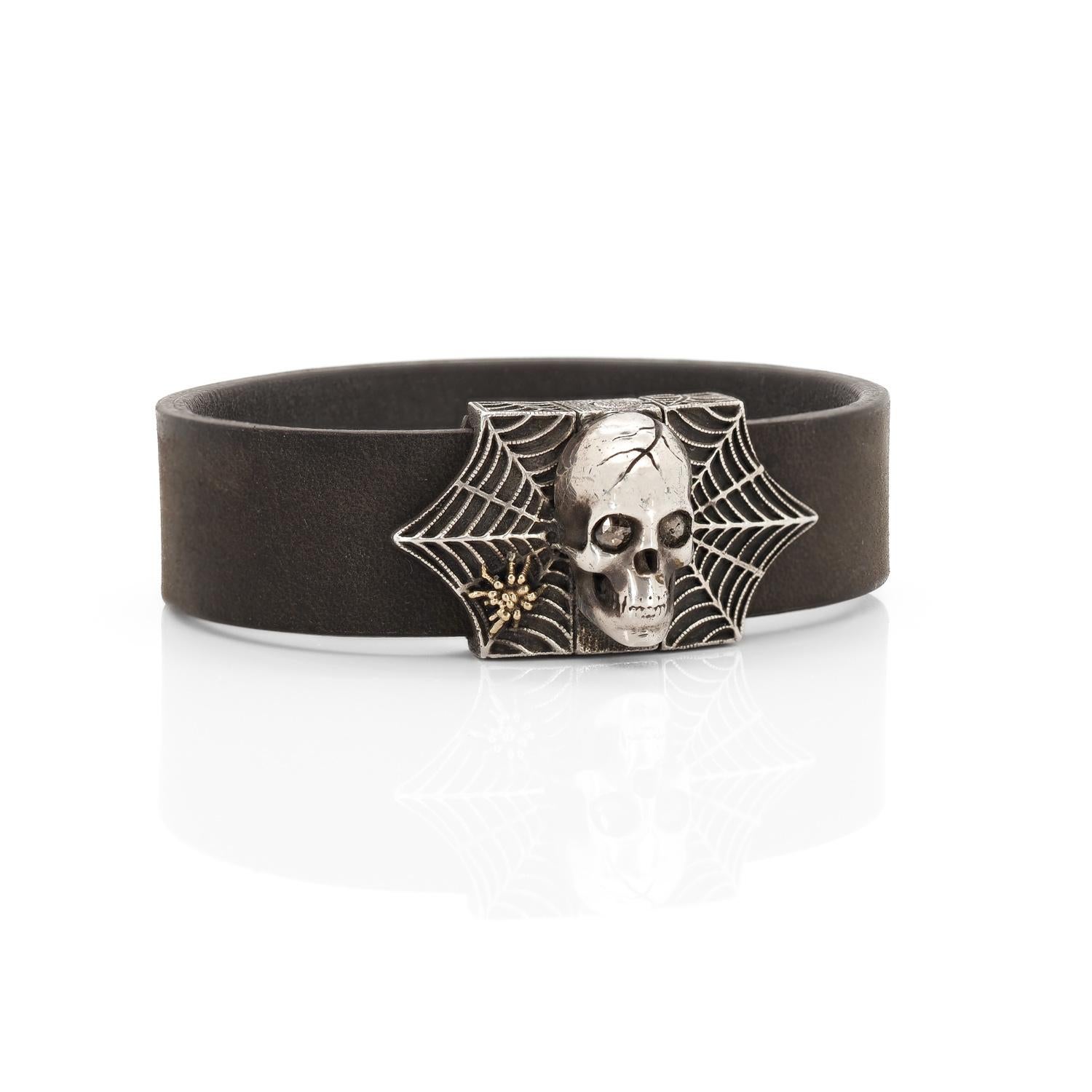 Contemporary Taru Jewelry Skull and Spider Web Brown Diamond Silver Gold Leather Bracelet For Sale