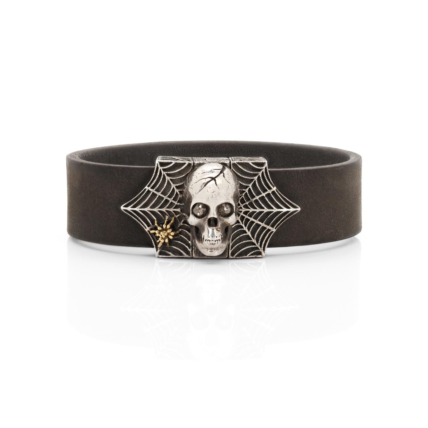 Rough Cut Taru Jewelry Skull and Spider Web Brown Diamond Silver Gold Leather Bracelet For Sale
