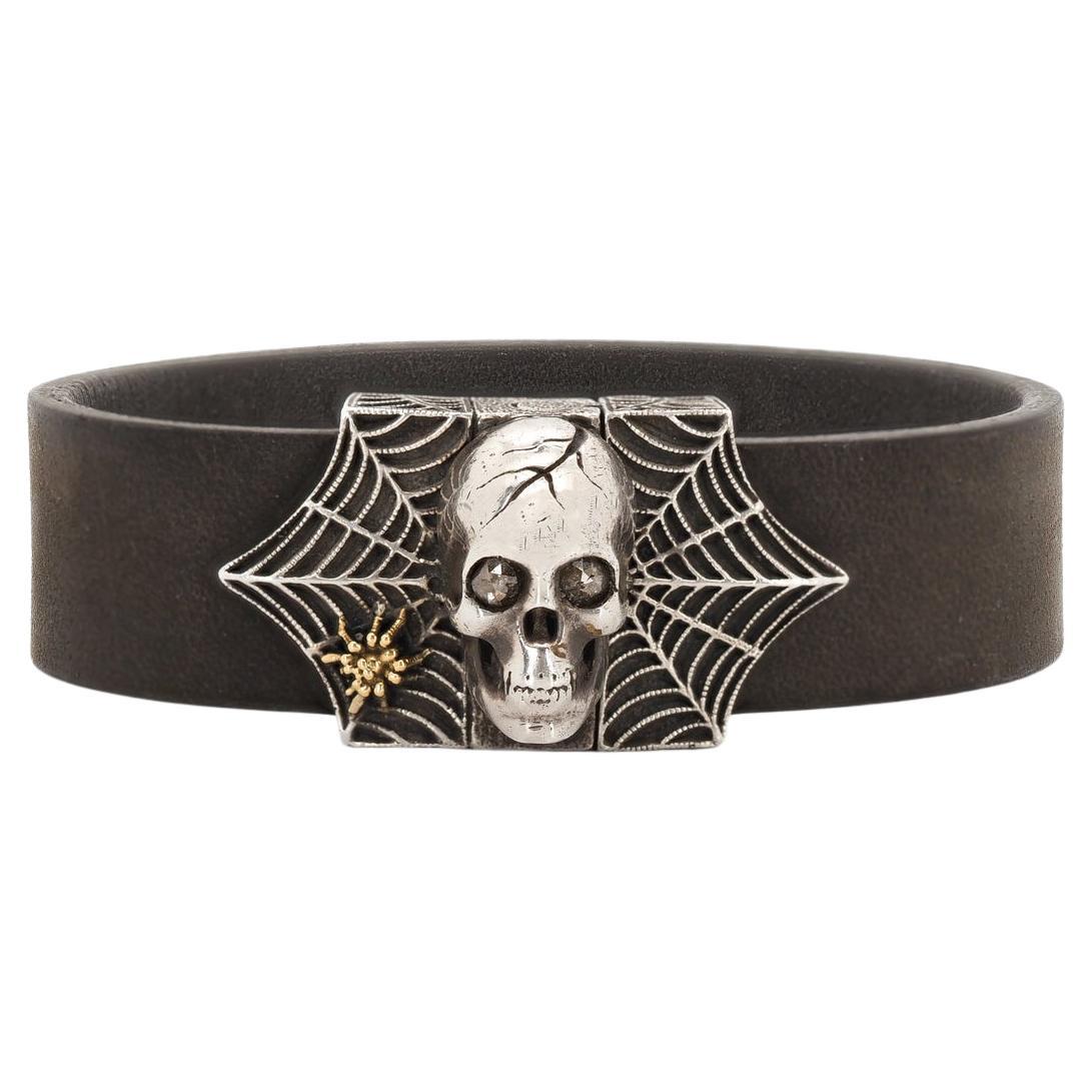 Taru Jewelry Skull and Spider Web Brown Diamond Silver Gold Leather Bracelet en vente