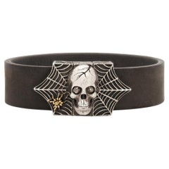Taru Jewelry Skull and Spider Web Brown Diamond Silver Gold Leather Bracelet